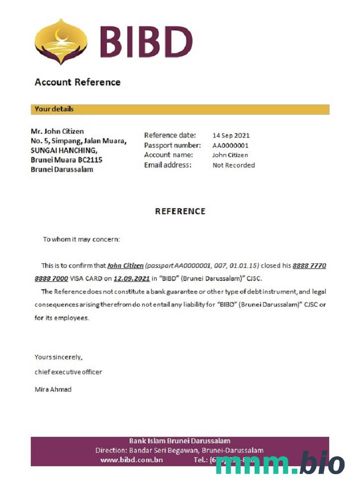 Przykład odniesienia do zamknięcia banku Brunei Islam Darussalam w formatach Word i PDF